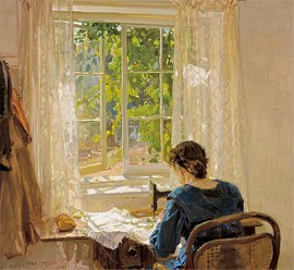 Hans Heysen_Sewing, the artist's wife 1913