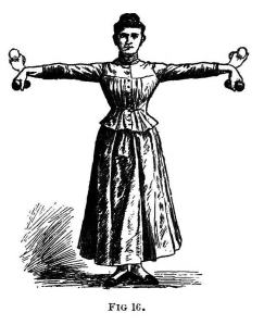 Image of woman holding hand weights and flexing her wrists in 1890