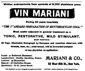 Ad for Vin Mariani claiming "endorsements from upwards of 8,000 physicians."