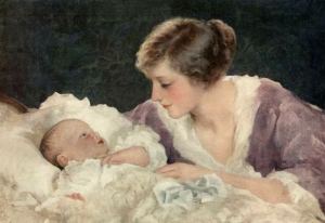 Image of a mother kneeling beside a cradle and gazing at her baby lying in the cradle