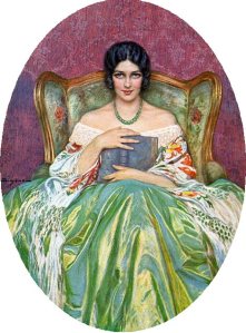 Image of woman in gown and shawl holding an open book