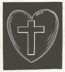 A chalk sketch of a cross inside the shape of a heart against a black background