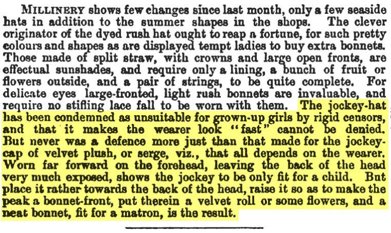 Article condemning jockey hats for grown-up girls because they make the wearer look "fast."