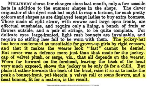 Article condemning jockey hats for grown-up girls because they make the wearer look "fast."