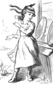 Drawing of a young girl wearing a straw jockey hat with ribbons trailing down the back.