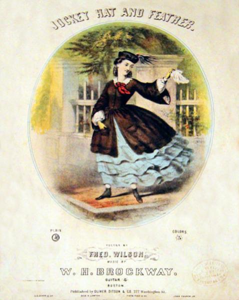 Cover illustration showing a woman in Civil War era dress wearing a hat that fits against her head, with a turned up brim and a tassle on one side.
