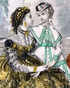 Illustration of a woman with her arms around a young girl who is wearing a straw jockey hat trimmed with flowers and pulled forward over her forehead.
