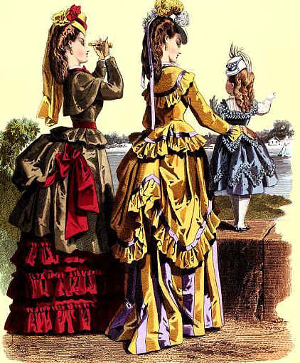 Color illustration showing two women and a young girl dressed in Victorian-era attire and wearing embellished straw jockey hats pulled forward so the brim covers their foreheads.