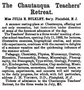 1885 Advertisement from the Boston Journal of Education listing the program and benefits of attending the teachers' retreat.