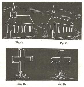Drawings of two different versions of a church and a cross; one version showing the wrong perspective and one version showing the correct perspective.