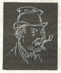 Chalk drawing of the head of an old man with disheveled clothes and hat, smoking rumbled cigarette.