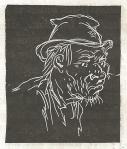 Chalk Ddawing of the head of an old man, hunched over, wearing disheveled clothes and hat.