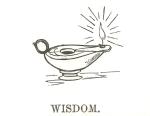 Drawing of an ancient oil lamp with the word "Wisdom" written below.