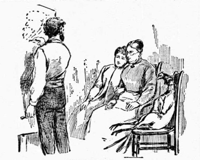 Black and white sketch of Frank Beard drawing at an easel. Seated in chairs watching are a young woman, an older woman and a plucked, headless turkey strapped in the third chair.