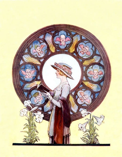 Profile of a young woman standing in church. Behind her is a stained glass window; but instead of Christian icons, the window  features faces of people looking down upon her, some forwning, some laughing.