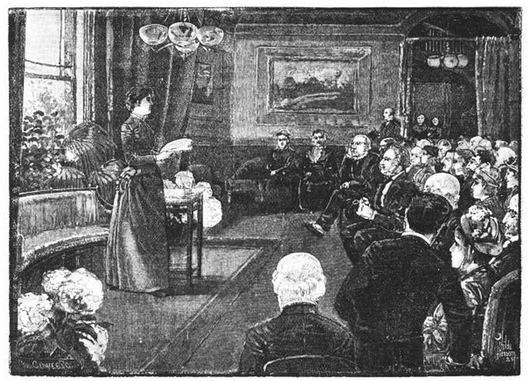 A black and white illustration of a woman in Victorian era dress speaking before an audience of men and women.