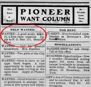 Ad in The Daily Pioneer, Bermidji, MN, December 4, 1903