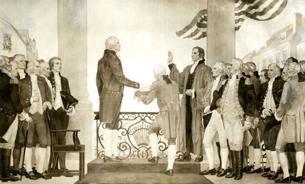 Robert Livingston administers the Presidential Oath of Office to George Washington