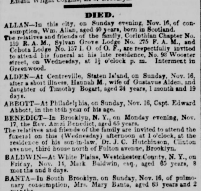 Death notice of Hannah Bogart Alden. From the New York Daily Tribune, November 19, 1856.