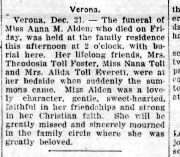 Obituary of Anna Alden. From the Rome Daily Sentinel, December 21, 1914.