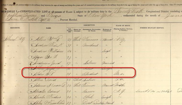 An 1863 Union Army record showing Ross Alden's registration for the draft. He lists his occupation as "student."