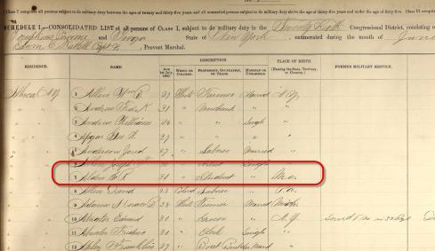 An 1863 Union Army record showing Ross Alden's registration for the draft. He lists his occupation as "student."