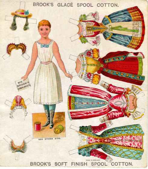 A paper doll compliments of Brook's Spool Cotton Thread.