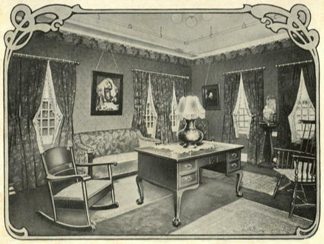 Retailer Jordan Marsh advertisement for a suite of home furniture appropriate for a study or library.