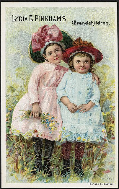 The company's advertising cards encouraged women to think of Lydia Pinkham as a member of the family, as with this trade card which purports to show an image of her grandchildren.