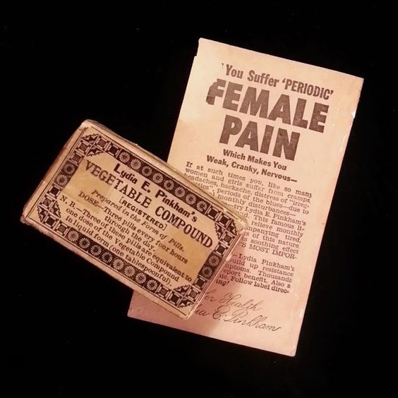 Original early 1900s packaging with insert for Lydia Pinkham's Vegetable Compound pills. From Pinterest.