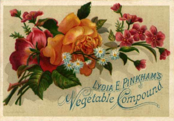 Many Lydia Pinkham's trade cards featured pleasant artwork, a "soft sell" that was pleasing to women.