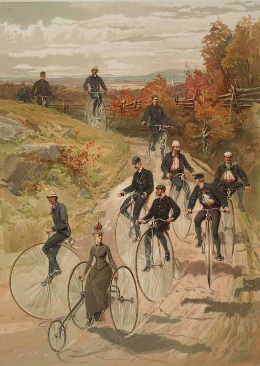 An undated trade card depicting an early bicycle club on the move.