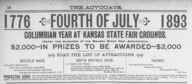 Notice of a bicycle race. From The Advocate (Topeka, Kansas), June 21, 1893.