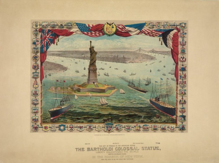 An 1884 print illustrating the proposed location of the Statue of Liberty in New York harbor.
