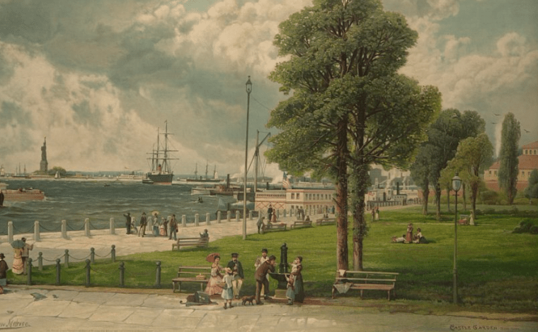 A view of the "Statue of Liberty from Castle Garden," New York, by Andrew Melrose, 1887.