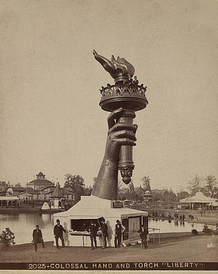 The torch and part of the arm of the Statue of Liberty on display at the 1876 Centennial Exhibition in Philadelphia.