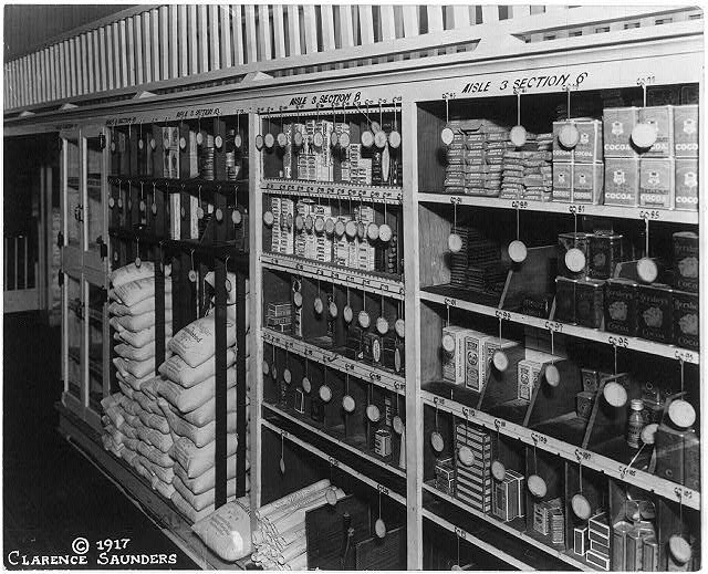 Neat, well-stocked shelves in the Memphis Piggly Wiggly, 1917
