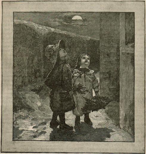 Two little girls dressed in coats and hats and carrying baskets stand outside a building. They are looking up as if singing to someone who is on an upper floor of the building.