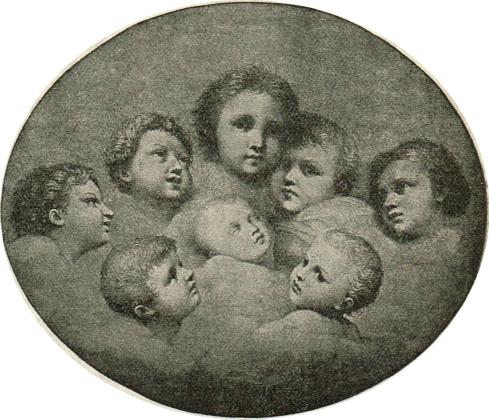 Illustration of the baby Jesus asleep with seven cherubs surrounding him.