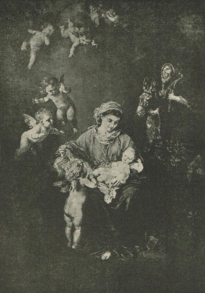 Illustration of Mary holding the infant Jesus as winged cherubs surround them.