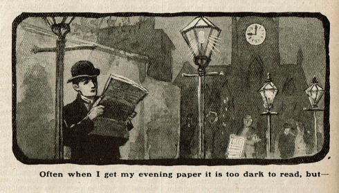 Newspaper illustration of a man standing under a street lamp at night trying to read a newspaper. In the background a clock on a church tower shows nine o'clock. 