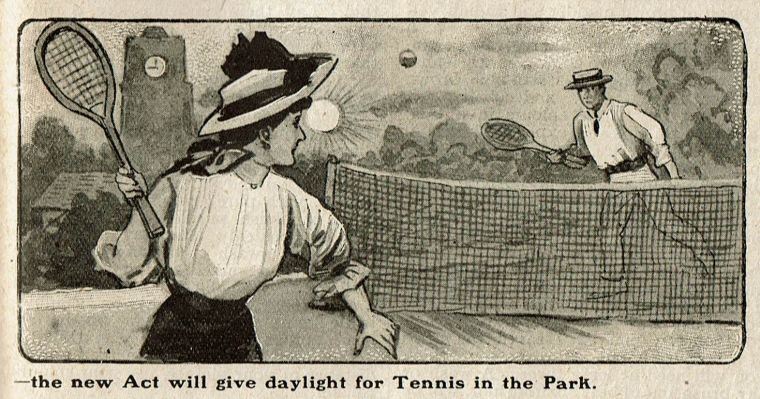 Newspaper illustration of a man and woman playing tennis. In the background the sun in still shining brightly in the sky and a clock on a building shows the time is nine o'clock.