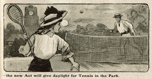 Newspaper illustration of a man and woman playing tennis. In the background the sun in still shining brightly in the sky and a clock on a building shows the time is nine o'clock.