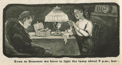A man and woman sit at a table in a darkened room. The woman is sewing under a single lamp on the table. In the background a clock on a mantel shows the time is nine o'clock.