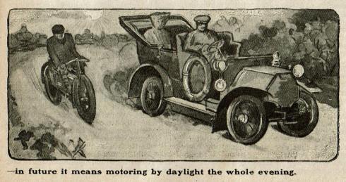 Newspaper illustration showing a man on a motorcycle passing a woman and her chauffeur driving an automobile. In the background the sun shines brightly in the sky.