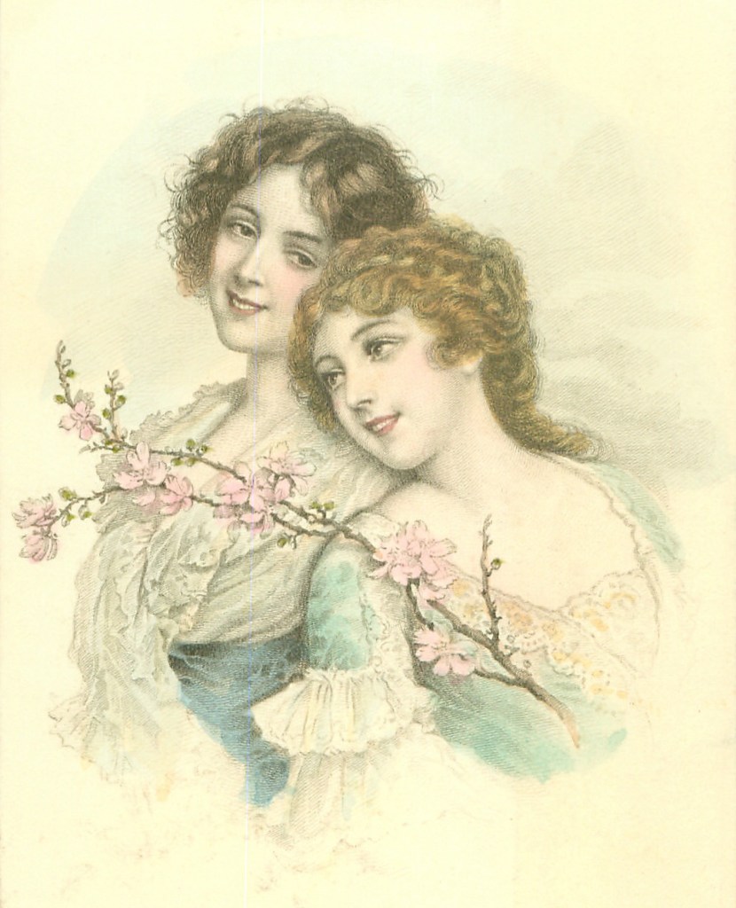 Illustration of two young women in old period dress, standing close together with a small branch of a pink flowering bush. 