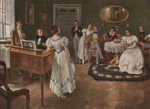 Illustration of a group of young people in a drawing-room about 1875. Some are seated, some are standing. One man sits at a piano and looks at a young  woman who stands beside the piano, singing and holding sheet music.