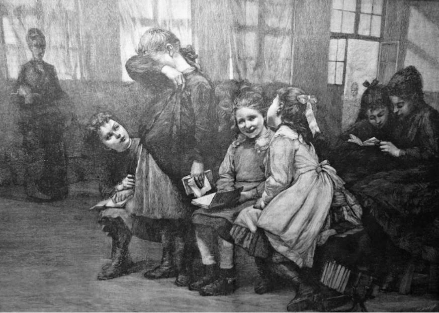 Illustration of an 1888 classroom of young girls. One girl stands; she is holding a book, her head is bent and she holds up her arm to cover her face. The other students are seated; one tries to comfort the embarrassed student. Two others whisper and smile together; while two more are reading a book in the back. A teacher stands near the window of the room.