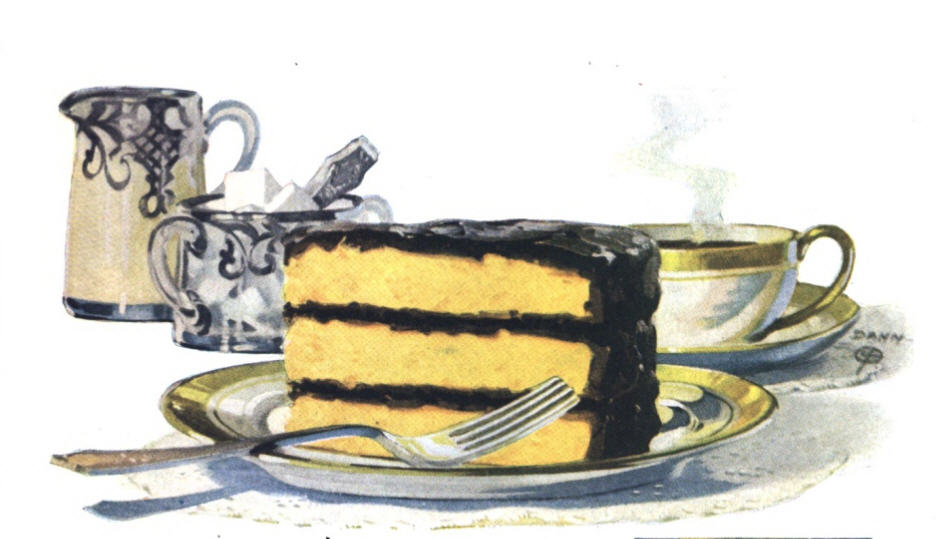 Image of a slice of yellow cake with chocolate icing on a plate with a fork. in the background are a cup of coffee, a cream pitcher, and a sugar bowl filled with sugar cubes.