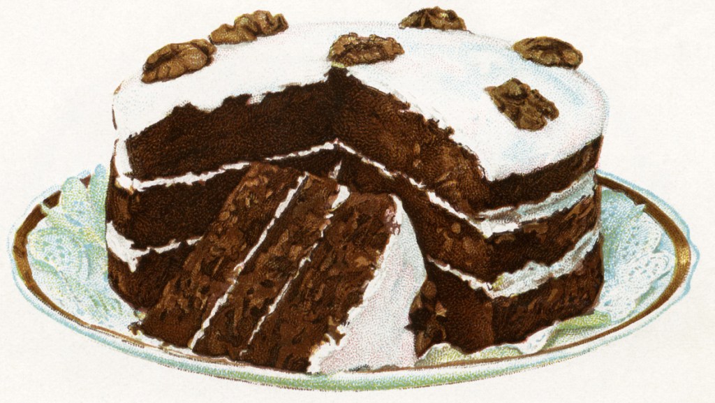 Image of a three-tier chocolate cake with white icing.